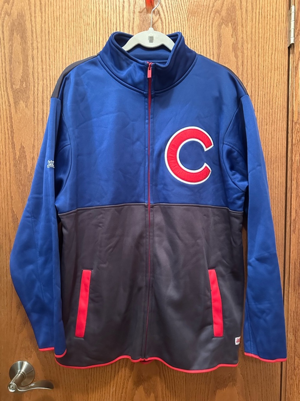 Stitches Blue and Gray Bomber Jacket with Red Accents